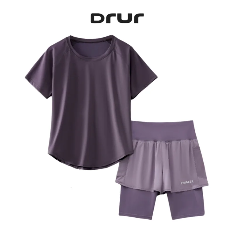 DRUR Sommer-Laufset, lockerer, atmungsaktiver, schnell trocknender Schweißanzug für Damen, Fitnessstudio, Workout-Outfit, 2-teiliger Sportbekleidungs-Trainingsanzug, Activewear Image