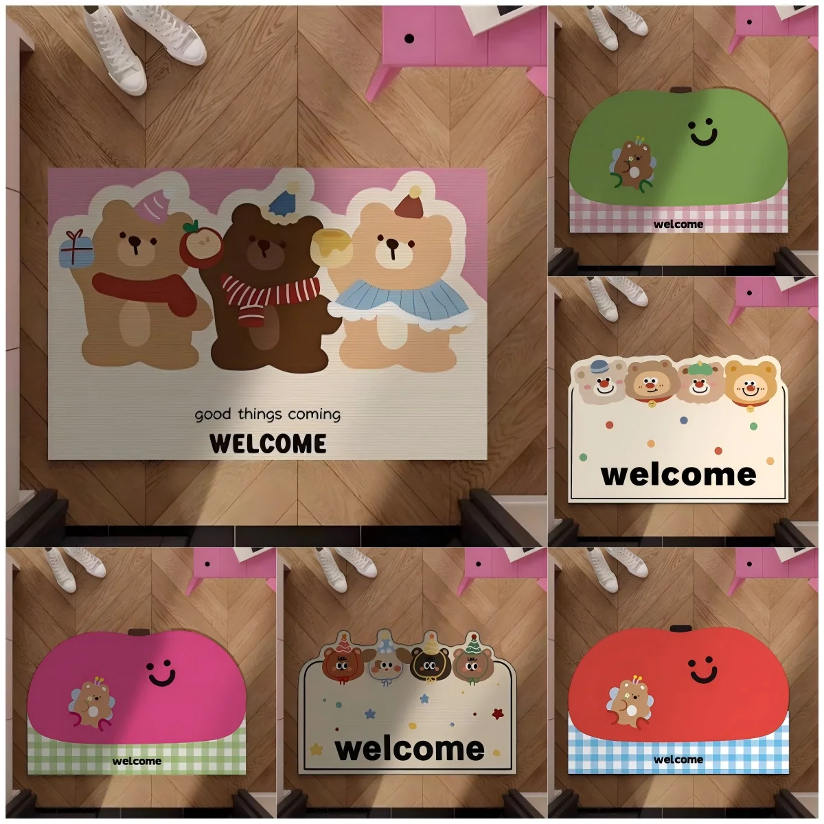 VIKAMA Niedlicher Bär, Apfel-Eingang, Kristall-Samt-Bodenmatte, für Zuhause, Badezimmer, Eingangsbereich, rutschfest, tragbar, Heimdekoration Image