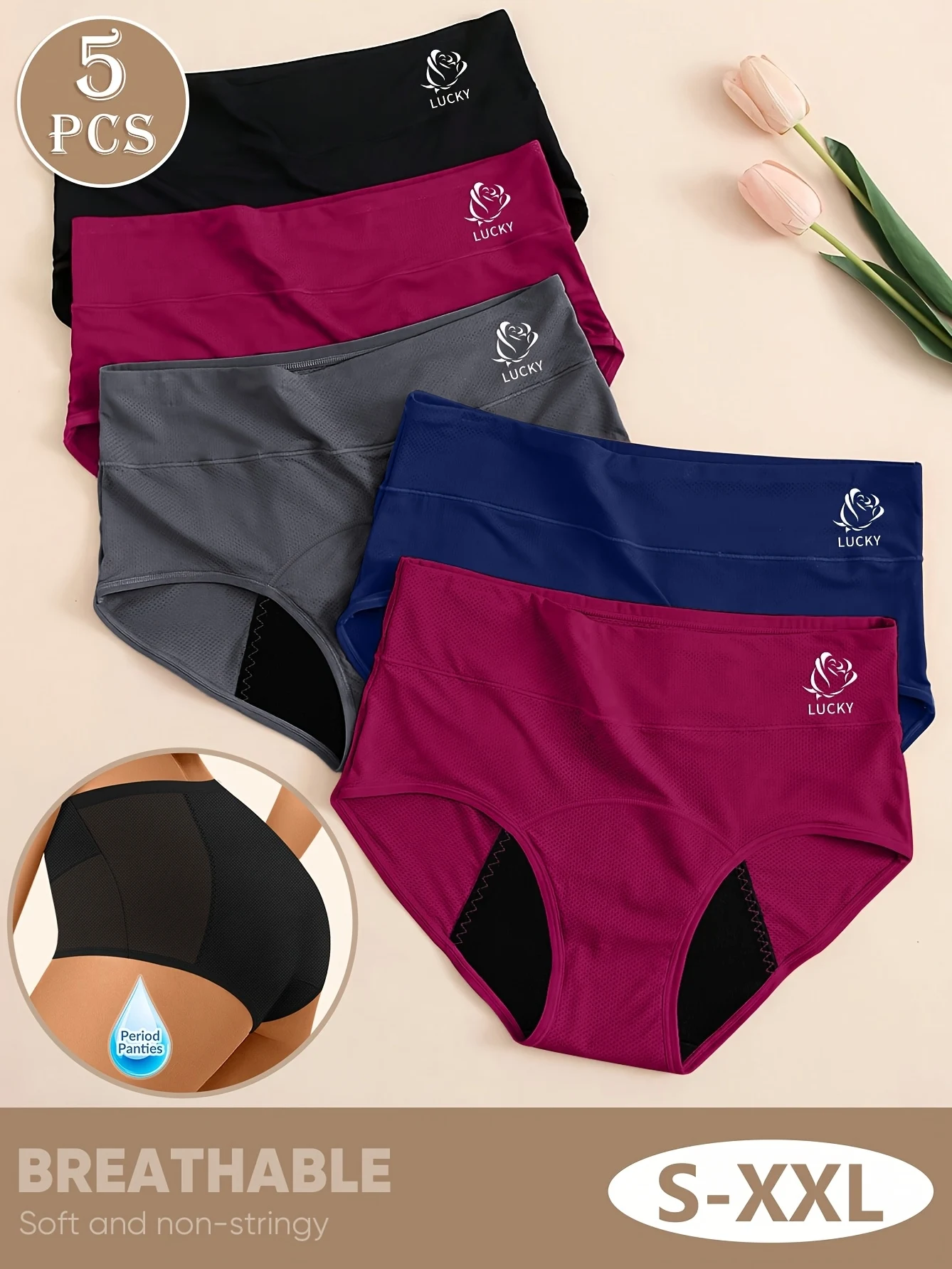 5er-Pack MIOTAN Menstruationsunterwäsche für Damen – auslaufsichere, atmungsaktive Mesh-Periodenhöschen, weiche, dehnbare, nicht transparente Slips für Image