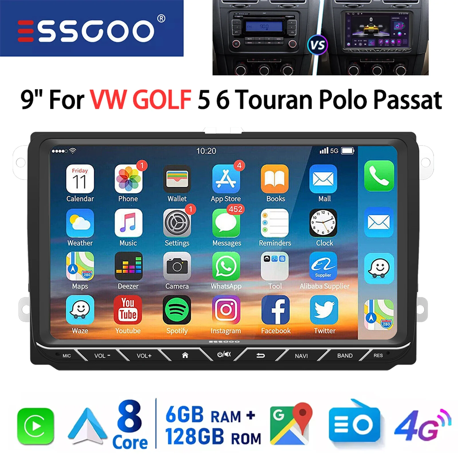 ESSGOO Android 14 Autoradio 9" 4G 8-Kern für VW Golf 5/6 Touran Passat - CarPlay Android Auto GPS Navi DSP WiFi FM AM Bluetooth KI-Sprache Touchscreen Multimedia Video Player 2 DIN Head Unit Image
