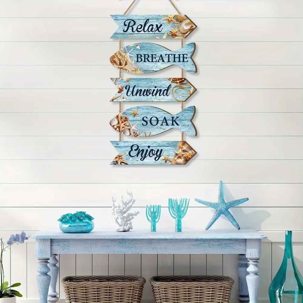 5-teiliges Set, rustikale Meereskunst – Fischförmige Pfeil-Hängedekoration aus Holz, Mehrzweck-Dekoration für Zuhause, Zimmer, Badezimmer, Bar