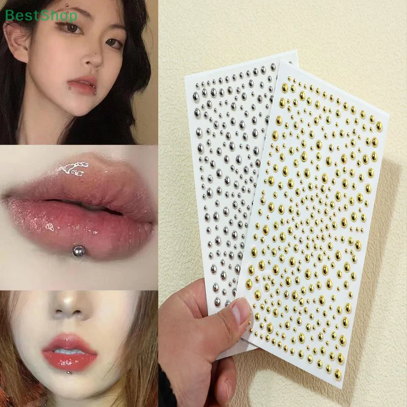 1 Blatt gefälschte Lippen-Labret-Nieten zum Aufkleben, gefälschter Nasenstecker, Gesichts-Strass-Dekor, Tattoos-Aufkleber Image