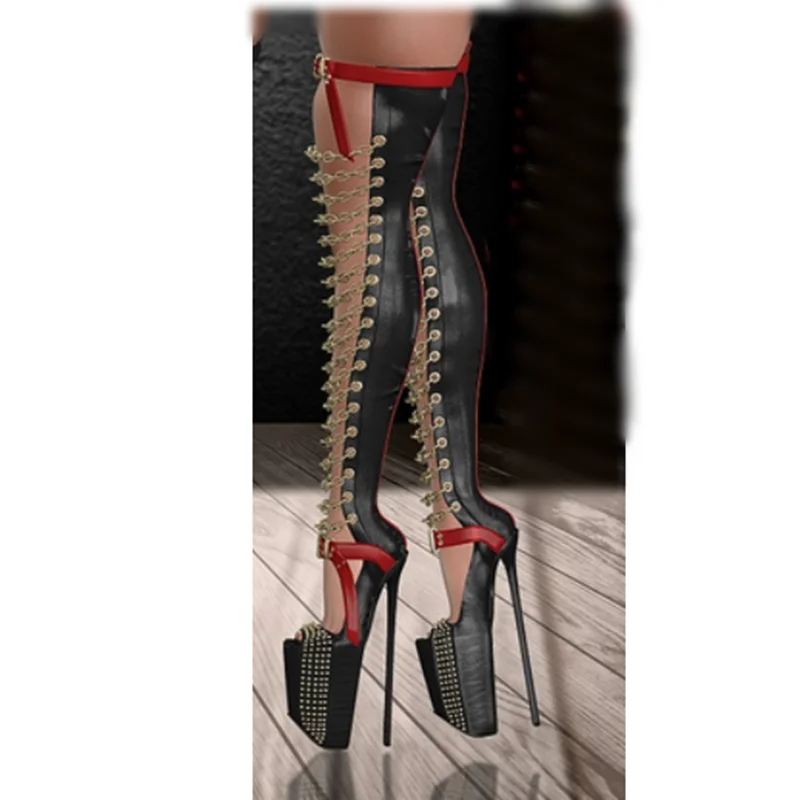 Schwarze Kette, hohl über dem Knie, Stiefel, Peep-Toe, dünner Absatz, modisch, sexy, kühl, Sommer, große Größe, 2025, Damenschuhe, Zapatillas Mujer