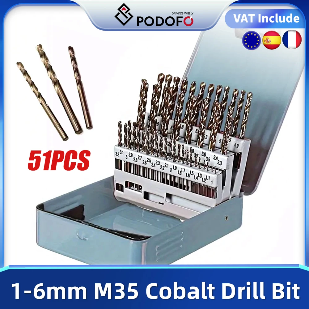 Podofo 51Pcs 1-6mm M35 Set di punte per trapano al cobalto HSS-Co Twist Drill Bit s con custodia punta per trapano in acciaio ad alta velocità lavorazione del legno