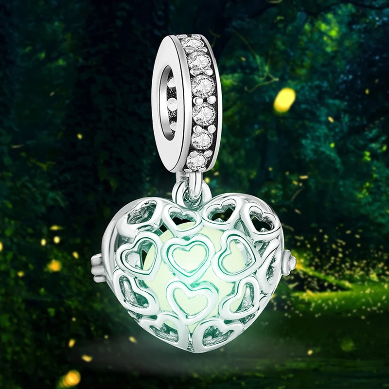 Fluoreszenz aus 925er-Sterlingsilber, aushöhlen, Liebesherz, Schmetterling, Charms, Perlenkette, Geschenk für hochwertigen, edlen Schmuck Image