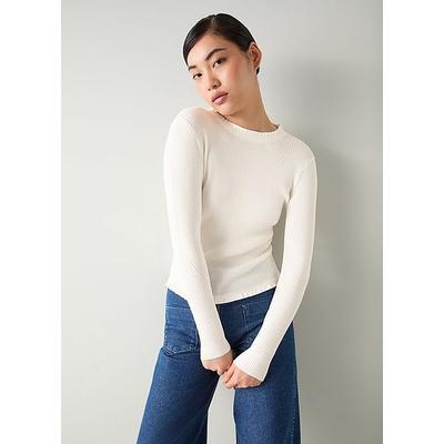 Emilia Ivory Ribbed Stretch Knit Top With Woven Trim Ecru, Ecru
