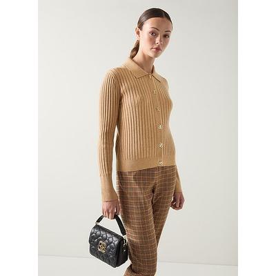 Willow Camel Cotton Rib Collar Cardigan, Dark Almond