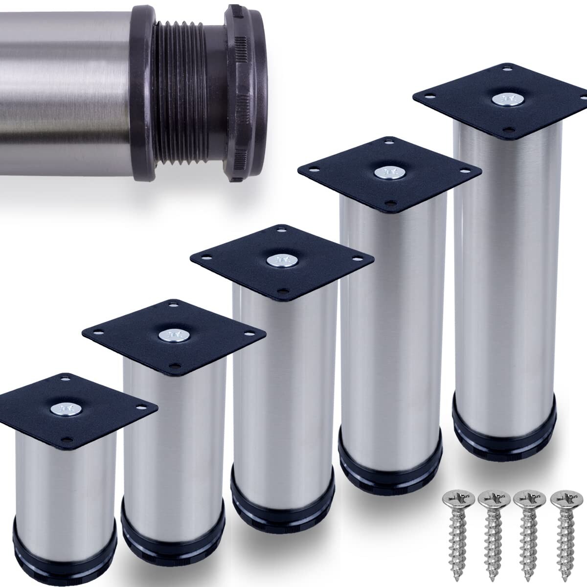 ID Dinkel 8 x Möbelfuße verstellbar EDELSTAHL 50mm Sofafuß Küchenfuß Sockelfüße Bettfüße 200mm Image