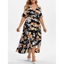 Damen Elegantes Freizeitliches Blumen V-Ausschnitt Plus Size Maxikleid Kurze Ärmel Sommer Frühling Mode Täglicher Urlaub