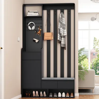 Hallway coat rack with padded storage bench, multifunctional hallway shoe cabinet with pegboard, 4 hooks,for entrance area, laun