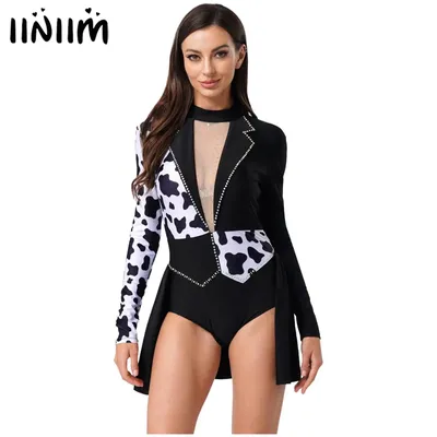 Damen Teufel Hexe glänzend Cosplay Body Kleid Spotty vorne offen Rock Trikot Halloween böser Clown Maskerade Party Kostüm Image