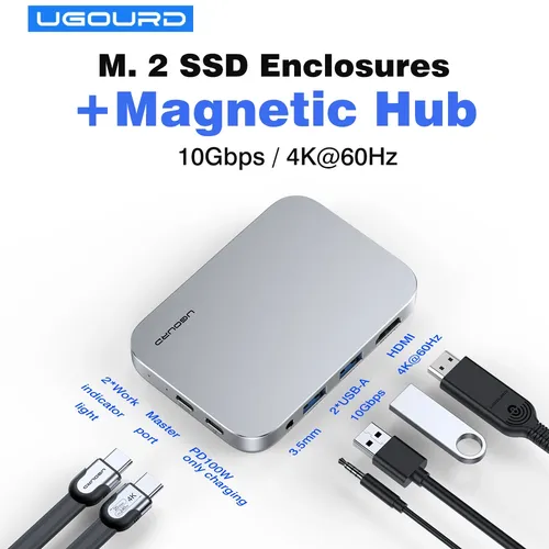 Station d'accueil M.2 SSD, boîtier USB3.0 10Gbps, séparateur Hub magnétique USB C vers adaptateur HDMI 4K60Hz PD100W M2 NVMe 5 en 1