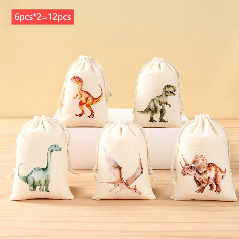 VIKAMA 12-teilige Geschenktüte für Kindergeburtstagsparty, bedruckte Süßigkeitentüte aus der Dinosaurier-Serie, Snackbeutel, Kordelzug-Design, einfach zusammenklappbar Image