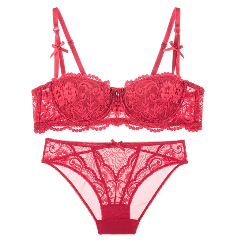 Sexy Weihnachts-Dessous-Set – durchsichtiges schwarzes und rotes Spitzen-BH-Höschen-Set, ultradünn, halbe Körbchen, reines Verlangen, großes, leckiges Weihnachtsgeschenk für Sie