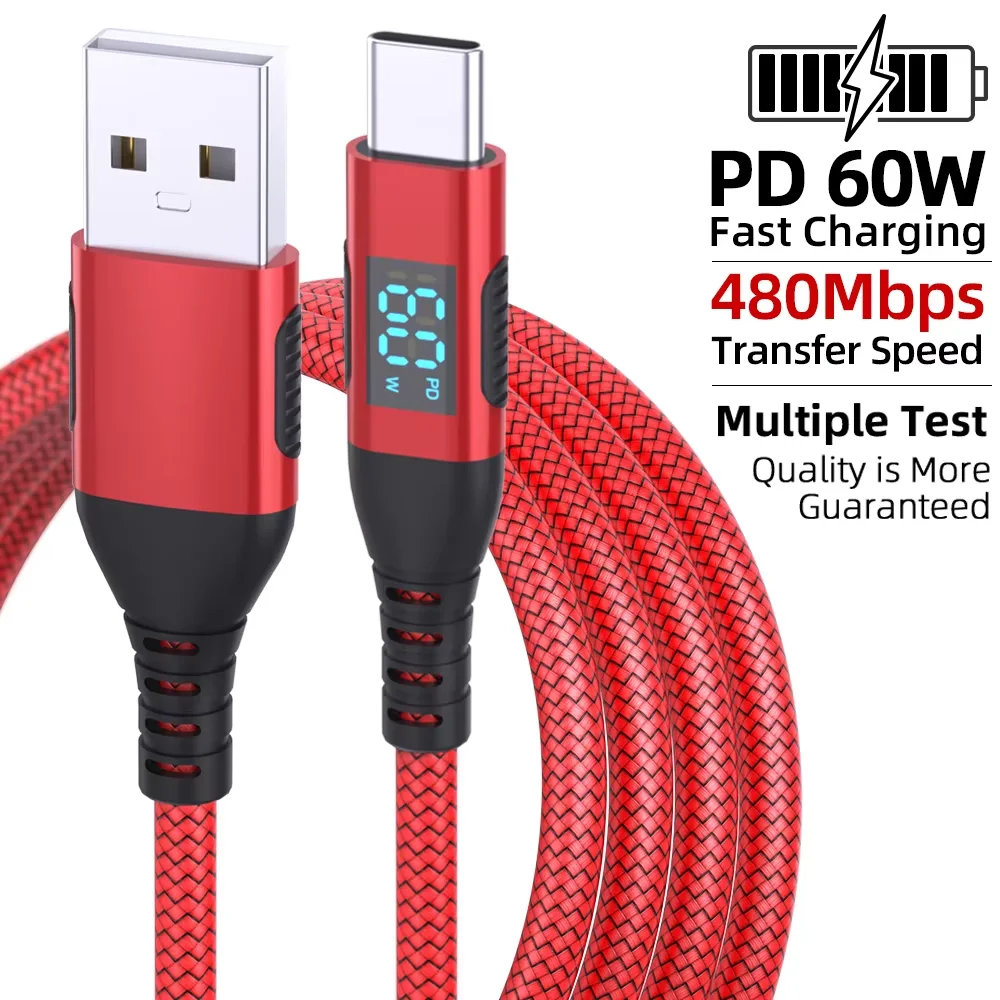 Hohe qualität 1PC USB Zu Typ C Kabel 60W Schnelle Lade Ladegerät Draht LED display Für Xiaomi Samsung Laptop USB C Kabel 1M 2M 3M Image