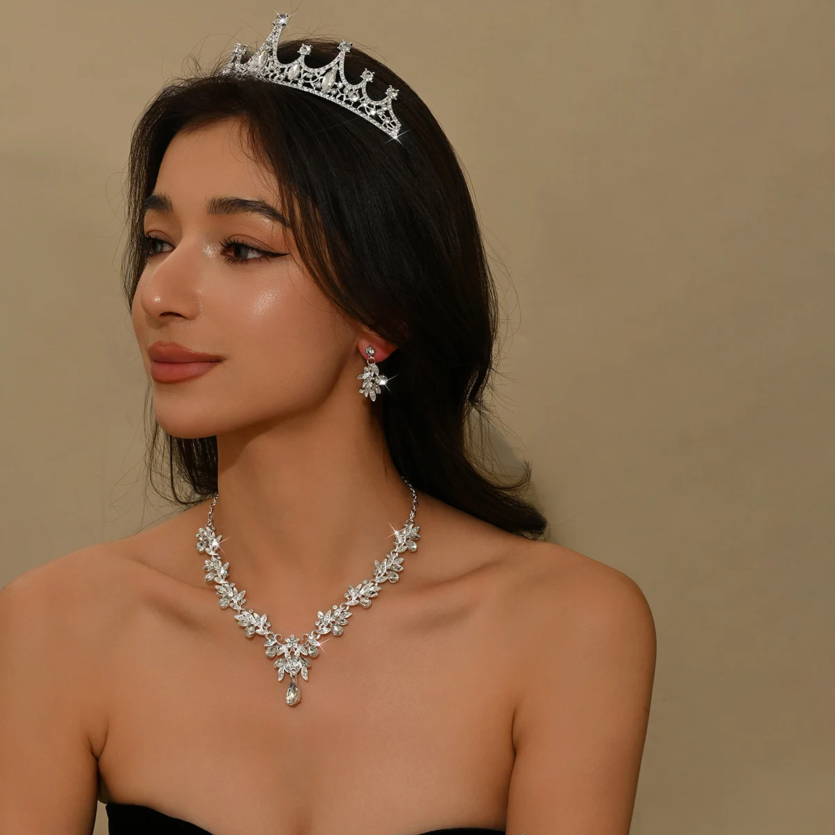 Modisches, schlichtes, leichtes Luxusstil für Damen, Kronenhalskette, Ohrringe, Schmuckset, Hochzeitsfeier, Weihnachtsgeschenk Image