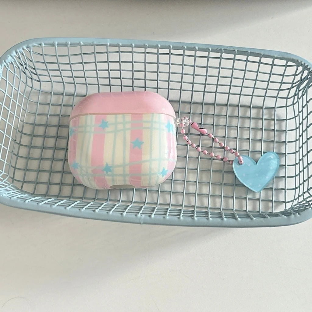 Süße einfache rosa Gittermuster blaue Sterne Liebe Anhänger stoßfeste schützende Kopfhörer Hülle für AirPods 1 oder 2 3 4 Pro 2 Image