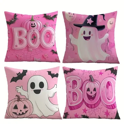 Rosa Halloween-Kissenbezüge mit niedlichen Geistern, Kürbissen und BOO-Designs, Sofakissenbezug, Weihnachtsfeier, Dekoration, Geschenk Image