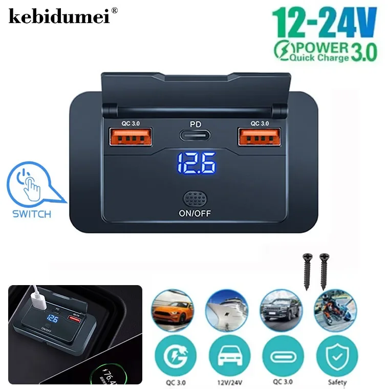 Autoladegerät RV USB-Steckdosenpanel Dual QC3.0 & PD3.0 Schnellladebuchse mit Schalter LED-Voltmeter für Boot ATV Motorrad 12V-24V Image