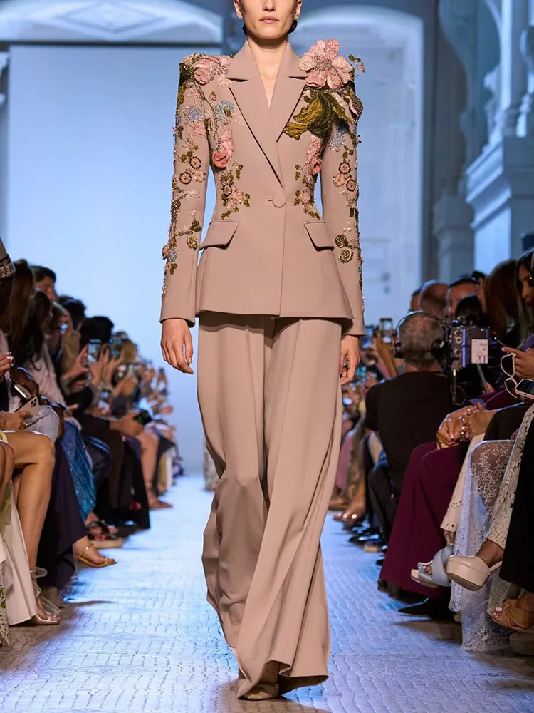 HIGH STREET Neueste Mode Designer Runway Anzug Set frauen 3D Blumen Perlen Blazer Breite Bein Hosen Set Image