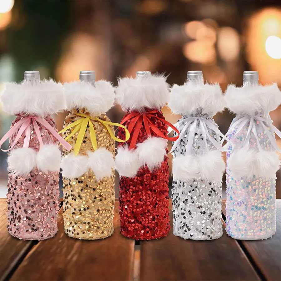 Weihnachten Wein Dekorationen für Zuhause Pailletten Tuch Wein Flasche Abdeckung Schneemann Strumpf Geschenk Halter Weihnachten Navidad Decor Neue Jahr Image