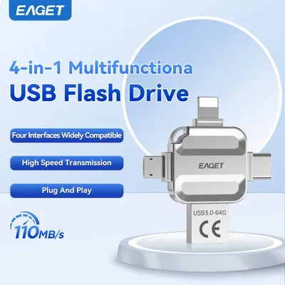 EAGET 4-in-1 OTG USB 3.0 Flash-Laufwerk [32 GB/64 GB/128 GB/256 GB] Typ C Lightning Micro USB für iPhone Android, Memory Stick – i71 Image