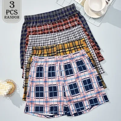 Zufällige 3-teilige Herren-Unterwäsche, Polyester, karierte Shorts, Sommer, weiche, atmungsaktive Boxershorts Image