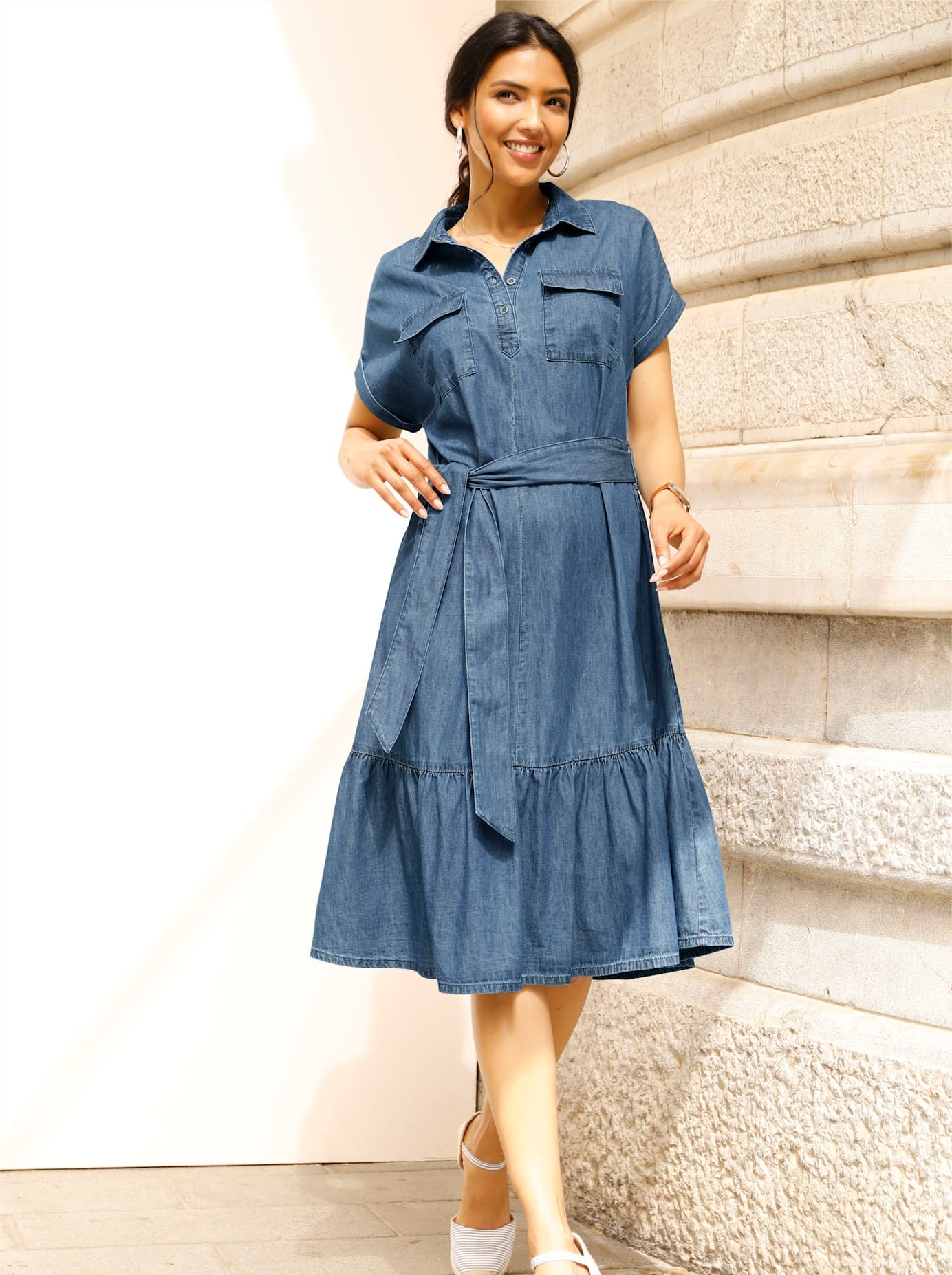 Jeanskleid CLASSIC BASICS "Jeans-Kleid", Damen, Gr. 42, Normalgrößen, blau (blau, stone, washed), Denim/Jeans, 100% Baumwolle, unifarben, wadenlang, Kleider Image