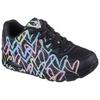 Wedgesneaker SKECHERS "UNO-SPREAD THE LOVE", Damen, Gr. 41, schwarz (schwarz multi), Lederimitat, kontrastfarbene Details, sportlich, Schuhe, Freizeitschuh, Halbschuh, Schnürschuh mit coolem Graffiti-Print