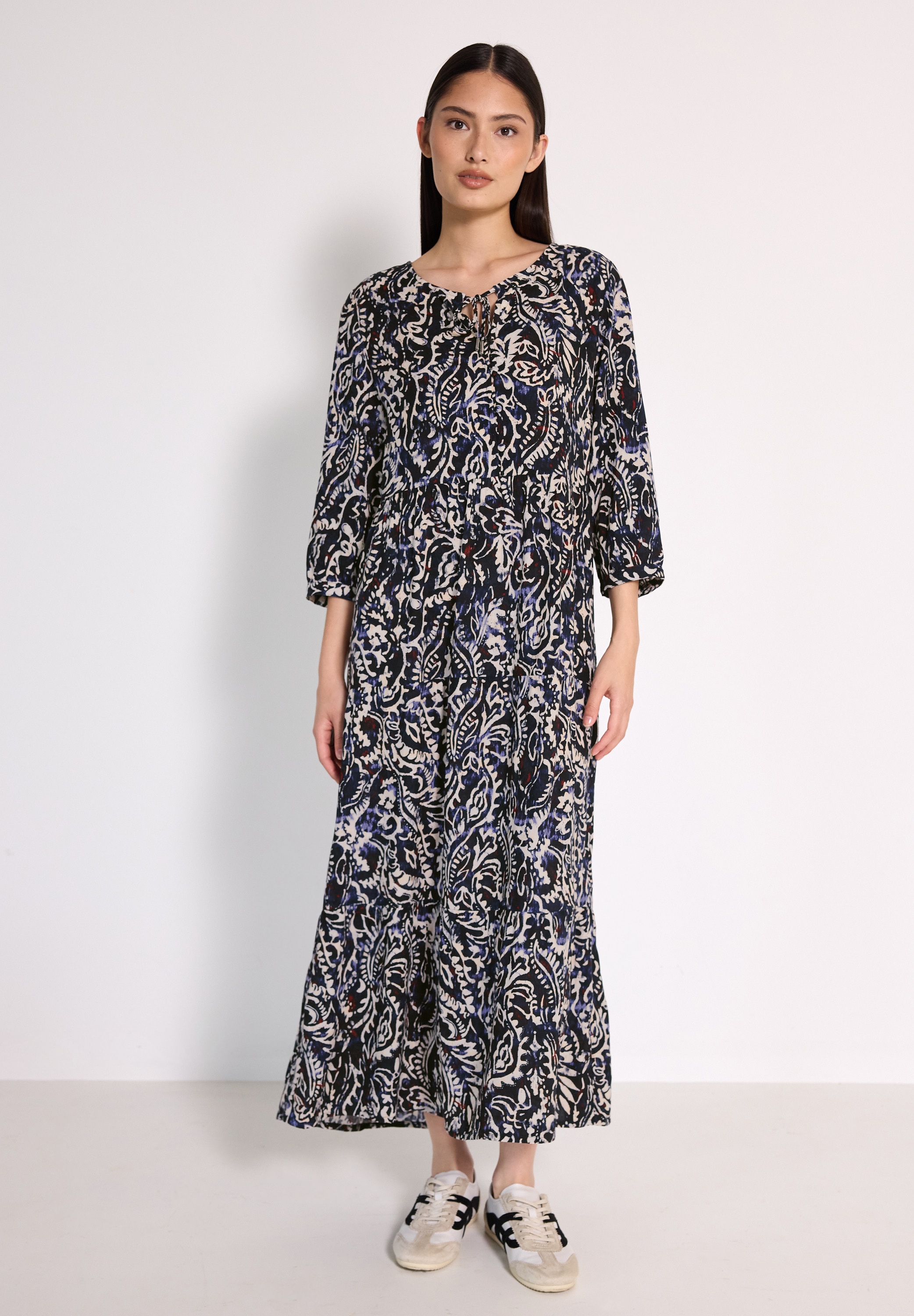 Maxikleid STREET ONE STUDIO, Damen, Gr. 44, EURO-Größen, blau (schwarz void blau), Stoff, 100% Viskose, bedruckt, regular fit lang, Rundhals, Bündchen, Kleider Maxikleid, aus Viskose