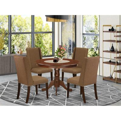 HomeStock 5-Piece Round Mahogany Finish Solid Wood Top Dining Table with 4-Upholstered Chairs