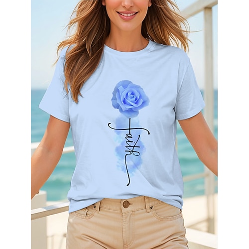 Damen T Shirt Druck Ombre Blumen Grafik Vintage Stilvoll Klassisch Kurzarm Rundhalsausschnitt Rundhals Normale Oberteile Täglich Wochenende Blau Schwarz Weiß Gelb Rosa Sommer Frühling Image