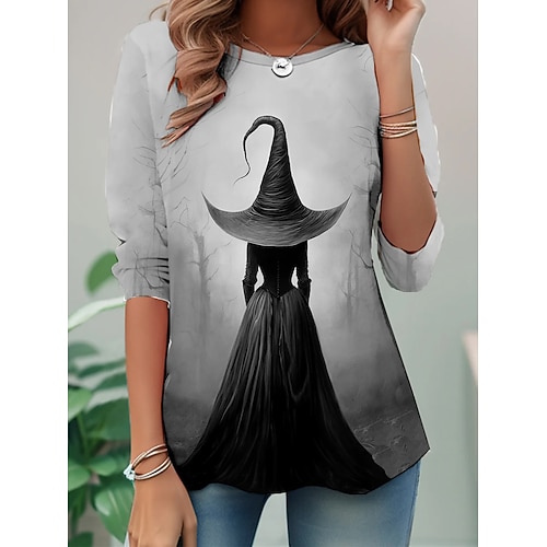 Damen T-Shirt Geist Langarm Rundhalsausschnitt Langarm Tunika Grafik Hexe Vintage Stylisch Rundhalsausschnitt Reguläre Oberteile Alltag Wochenende Print Blau Grün Grau Herbst Frühherbst Image