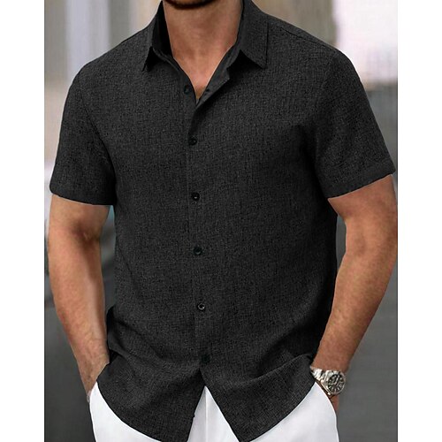 Herren Hemd Sommerhemd Freizeithemd Knopfhemd Baumwollhemd Einfach Strand Urlaub Schwarz Rosa Himmelblau Purpur Kurzarm Umlegekragen Sommer Bekleidung Image