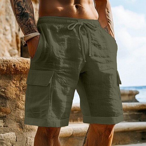 Herren Cargo-Shorts Shorts Leinenshorts Sommershorts Strandshorts Kordelzug Elastischer Bund Mehrere Taschen Einfach Knielang Outdoor Täglich Strand Urlaub Hawaiianisch Schwarz Weiß Dehnbar Image