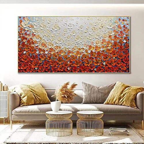 handgefertigtes Ölgemälde auf Leinwand, Wandkunst, Dekoration, 3D-Spachtel, rote Blume für die Inneneinrichtung, gerolltes, rahmenloses, ungedehntes Gemälde Image