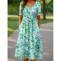 Damen Midikleid Freizeitkleid Sommerkleid A Linie Kleid Faltenkleid Urlaub Lässig Strand Ferien Normale Passform Blumen Grafik Kurzarm Rundhalsausschnitt Rosa Blau Orange Grün Sommer Frühling