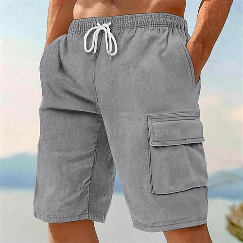 Herren Cargo-Shorts Shorts Leinenshorts Sommershorts Strandshorts Kordelzug Elastischer Bund Einfach Komfort Atmungsaktiv Knielang Outdoor Täglich Strand Urlaub Mode Schwarz Weiß Unelastisch Image