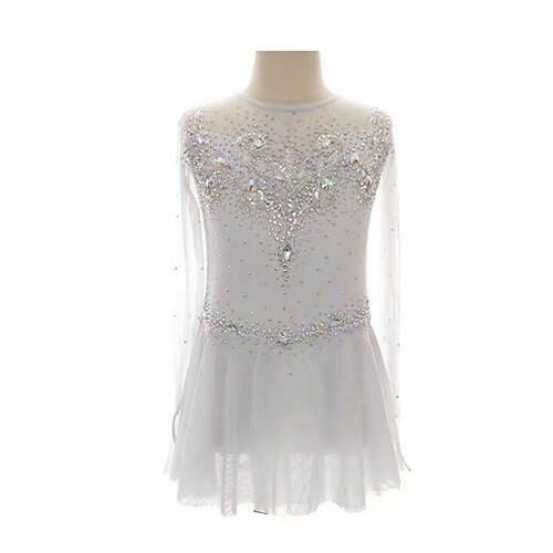 Eiskunstlaufkleid Damen Mädchen Eislaufen Kleid Weiß Patchwork Daumenloch Netzstoff Spandex Dehnbar Training Übung Professionell Eiskunstlaufkleidung Thermowarm Kristall / Strass Langarm Eislaufen Image
