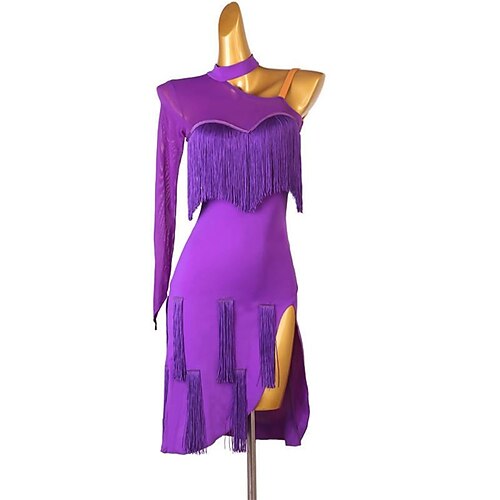 Violettes Schleier-Lateintanzkleid für Damen – funkelndes Paillettenfransenkostüm, perfekt für Cha-Cha, Rumba Ballsaalaufführung Image