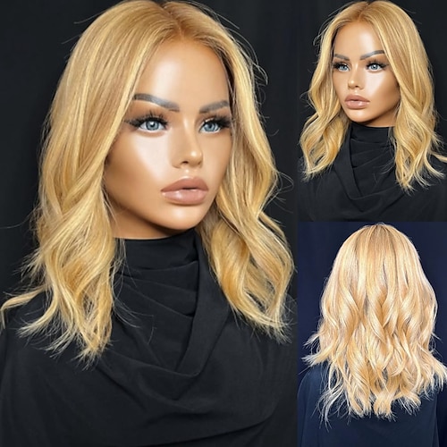 Remy Echthaar 5x5 Verschluss 13x4 Spitzenfront Perücke Kurzer Bob Brasilianisches Haar Gewellt Blond Perücke 130% 150% Haardichte Hervorgehobenes / Balayage-Haar Natürlicher Haaransatz 100 Image