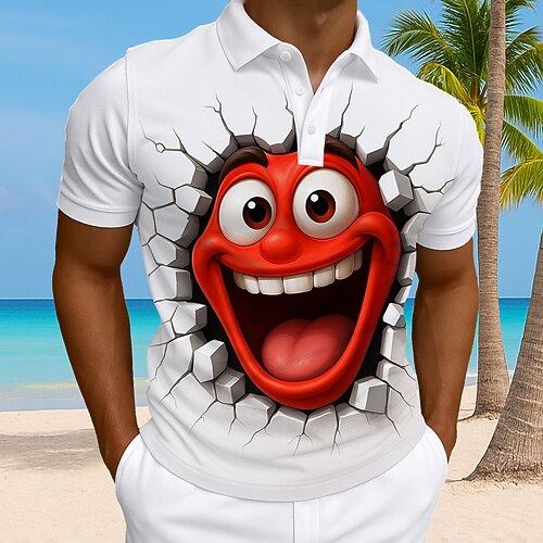 Herren Cartoon lustiges Lächeln Gesicht Polo Kurzarm Polo-Shirts Hemden mit Kragen Lässig Athleisure Alltagskleidung 3D-Druck Knöpfe Sommer Gelb Rote Blau Image