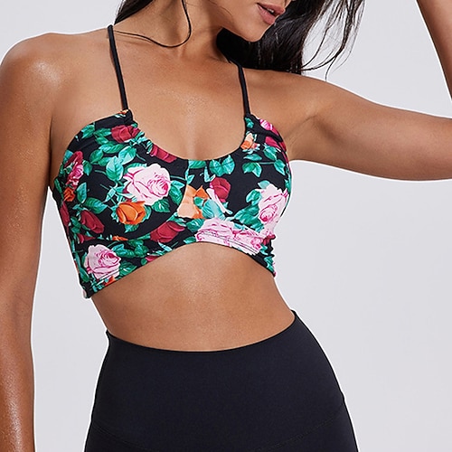 Damen Riemchen-Sport-BHs Unterwäsche Geringe Unterstützung Atmungsaktiv Bürgellos Gefüttert Leopard Sport Sportkleidung Schwarz Grün Fitnessstudio Fitness Yoga Image