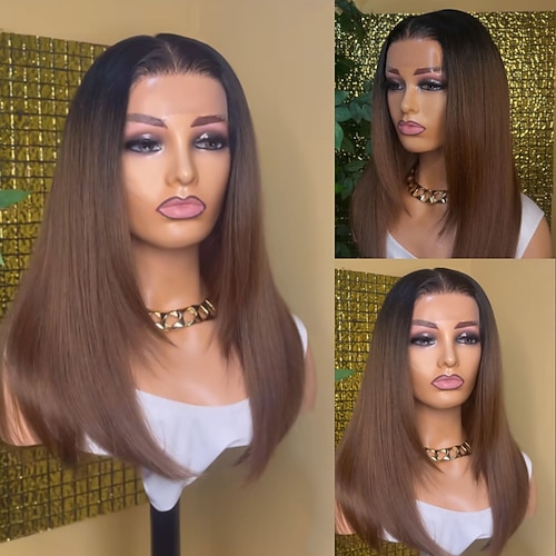 Remy Echthaar 5x5 Verschluss 13x4 Spitzenfront Perücke Mittelscheitel Brasilianisches Haar Glatt Braun Perücke 130% 150% Haardichte mit Babyhaaren Ombre-Haar 100% Unbehandelt Kleberfrei Vorgerupft Für Image