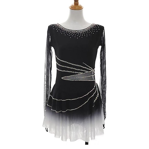 Eiskunstlaufkleid Damen Mädchen Eislaufen Kleid Schwarz Patchwork Daumenloch Netzstoff Spandex Dehnbar Training Übung Professionell Eiskunstlaufkleidung Thermowarm Kristall / Strass Langarm Eislaufen Image