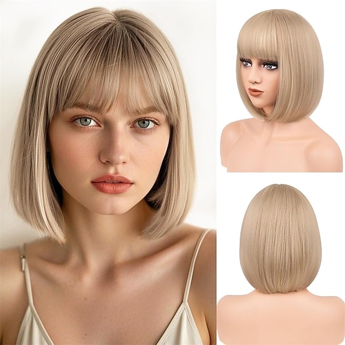 Synthetische Perücken Glatt Mit Pony Maschinell hergestellt Perücke Blond Rosa Kurz Natürlich Schwarz Blau Orange Rosa Blond Synthetische Haare Damen Weich Mode Handlich Blond Rosa Schwarz Image