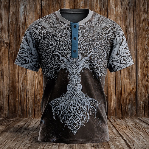 Herren Grafik Weihnachtsbaum T Shirt Henley Hemd Kurzarm Vikinger Designer Retro Vintage Lässig Täglich Straße Sommer Frühling Ganzjahres Dunkelgrau Schwarz Marineblau Dunkelbraun Henley Henley Image