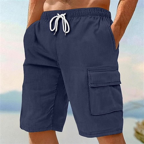 Herren Cargo-Shorts Shorts Leinenshorts Sommershorts Strandshorts Kordelzug Elastischer Bund Einfach Komfort Atmungsaktiv Knielang Outdoor Täglich Strand Urlaub Mode Schwarz Weiß Unelastisch Image