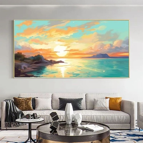 handgemaltes Kunstwerk, ruhiger Sonnenuntergang, Meereslandschaft, Ölgemälde auf Leinwand, ruhiger See mit Boot, abstraktes Himmelswandbild, Wohnzimmer, Heimdekoration, Einweihungsgeschenk, gerolltes, Image