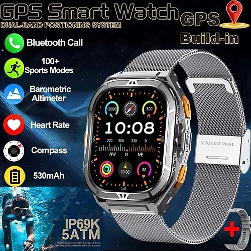 X5 Smartwatch 1.96 Zoll Smartwatch Fitnessuhr Bluetooth Anruferinnerung Aktivitäts-Tracker Herzschlagmonitor Sitzende Erinnerung Finden Sie Ihr Gerät Kompatibel mit Android iOS IP68 Herren GPS